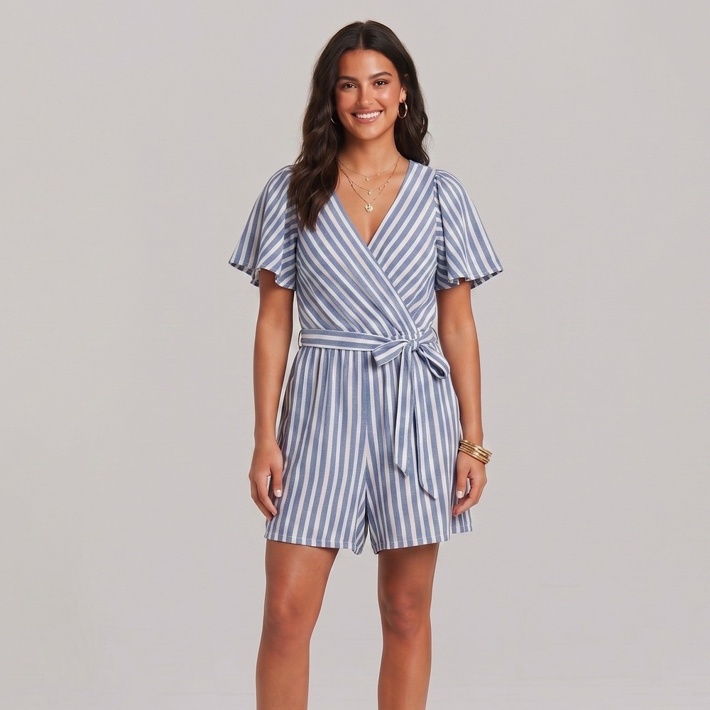 Mi Ami By Francesca's Blue White Striped Romper M Flutter Sleeve Wrap Jumpsuit